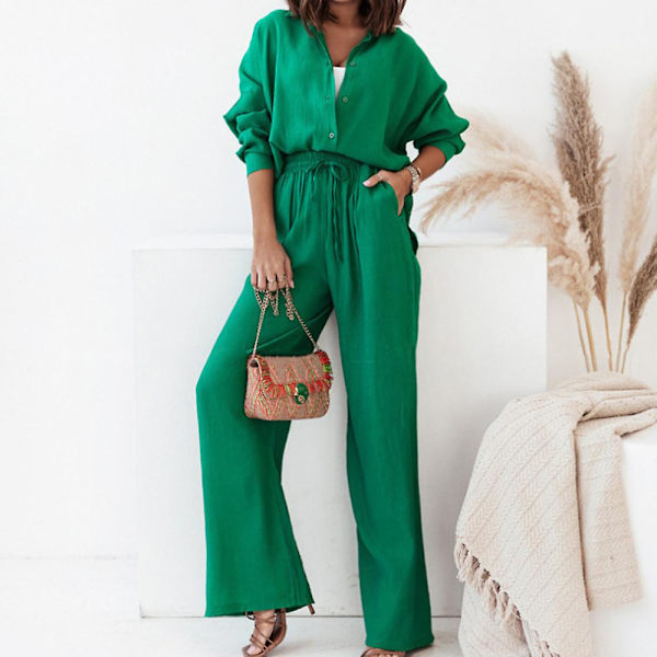 Lös Dam Enfärgad Outfit Skjorta Toppar + Elastisk Hög Midja Vida Ben Byxor Set Lös Vardaglig Arbete Lounge Kläder Green 2XL