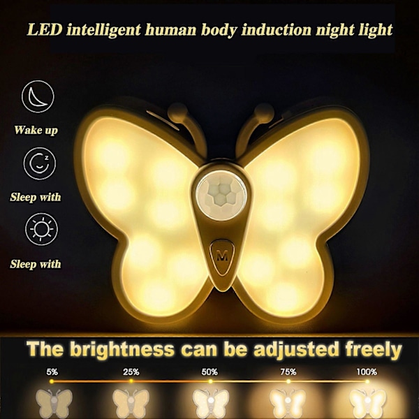 LED Fjäril Nattlampa Justerbar Ljusstyrka USB Uppladdningsbar Smart Rörelsesensor Trådlös Nattlampa Sänglampa