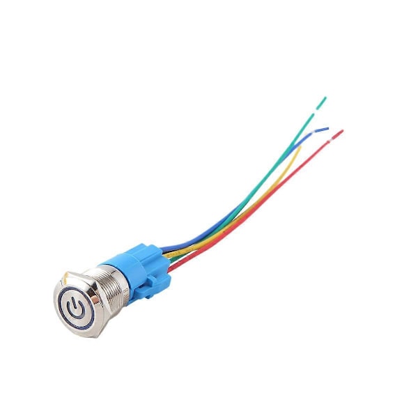5 stk Metall Trykknapp Bryter 12v 19mm Ringlampe Strømsymbol Vanntett LED Lys Selvlås Reset med Kobling