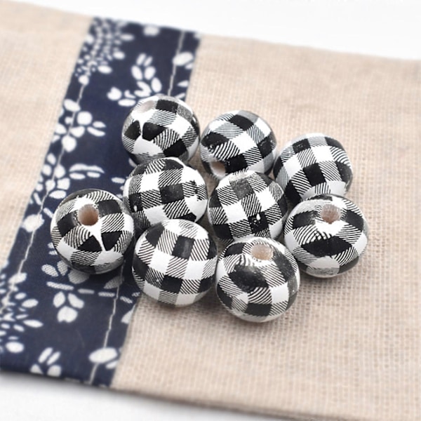 100 stk. Træperler Plaid Mønster Delikate Runde Afstandsperler 16mm Gul