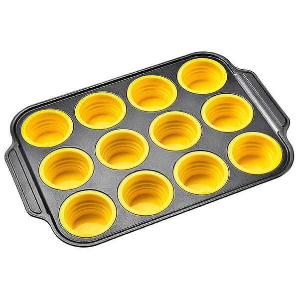 Silikon Muffinsform med Metallramme, Egg Bite Maker Silikonformer for Baking, Cupcake Former 12 Vanlig Størrelse Gul
