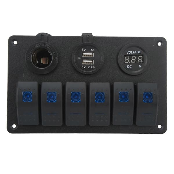 20A 6-veis vippebryterpanel 12V 24V Blått lys Vanntett for båter skip cockpiter SUV lastebiler
