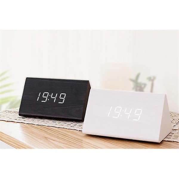 Multifunksjonell LED elektronisk vekkerklokke i tre, stemmestyrt, digital, lydløs, D
