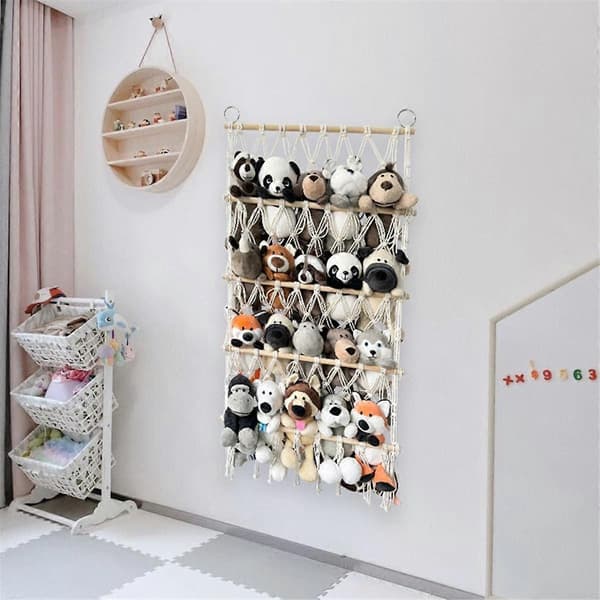 Vægophængt Organizer Udstoppede Dyr Legetøjsnet Hængekøje Børneværelse Plys Legetøjsopbevaring Boho Macrame, Hvid