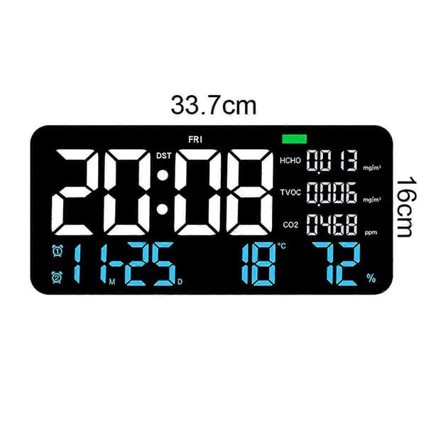 LED Digitalt Vægur Formaldehyd/CO2/TVOC Display Røg Genkendelse Nedtælling Soveværelse Dekorativt Ur Blå