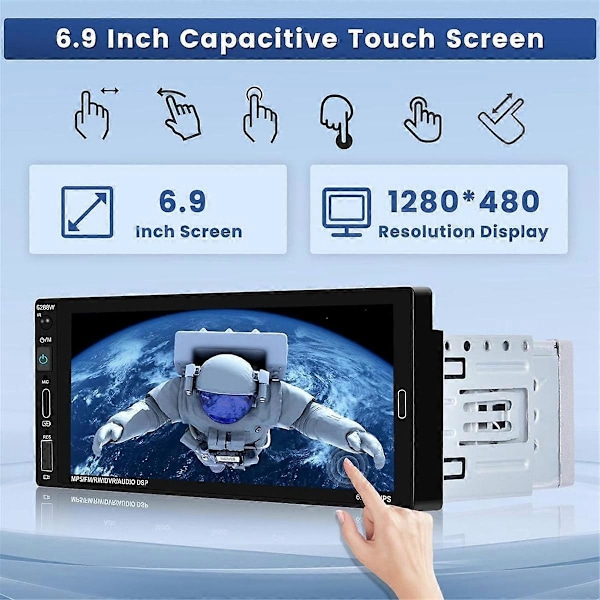 6,9 tommer trådløs Carplay bilstereo Single Din Touchscreen bilradio, Android Auto Bluetooth Mirror Link FM Mic SWC