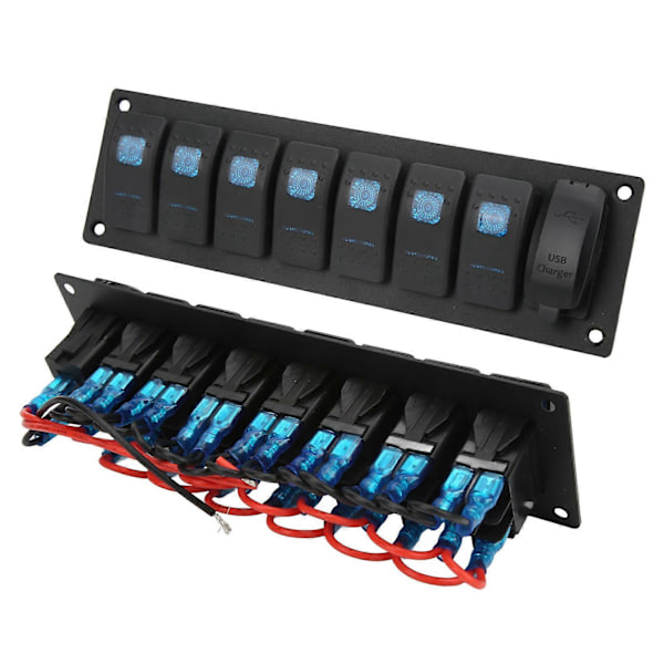 7 Gang Rocker Switch Panel IP66 Vandtæt Marine Toggle Switch Panel Med Dobbelt USB Oplader Blå Baggrundsbelysning