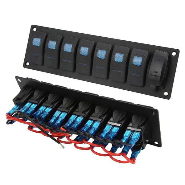 7-veis vippebryterpanel IP66 Vanntett Marine Vippebryterpanel med dobbel USB-lader Blå bakgrunnsbelysning