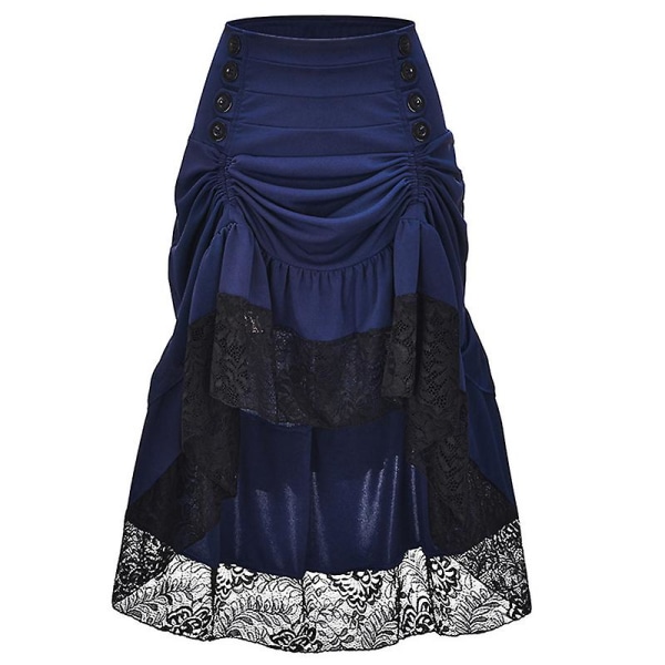 Flerfärgad Lady Gothic Steampunk Pinstripe kjol Rock Gypsy Vintage kostym Front Lace-up Layer Clubwear Outfit Navy 03 XL