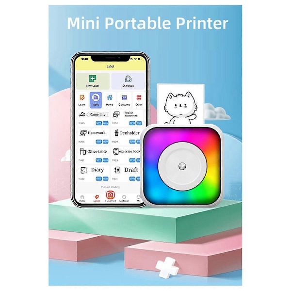 Mini LED-ljus Skrivare Ficka Termiskt Papper Etikett Självhäftande Webbplats Bildutskrift Bluetooth Trådlös Typ-C