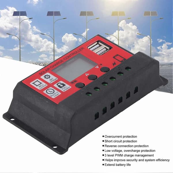 Solar Charge Controller Justerbar Solpanel Batteri Intelligent Regulator med LCD Display 12V 24V20A