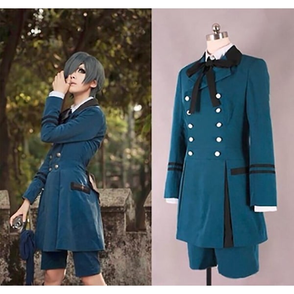 Ny svart Butler Kuroshitsuji Ciel Phantomhive Cosplay Kostym Aldult Aristocrat Blå Dubbelknäppt Lapel Uniform Set Och Peruker man S