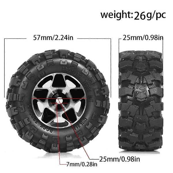 4 stk. 57mm 1.0inch Metall Beadlock Hjul Dekk Sett for 1/18 1/24 RC Crawler Bil TRX4M SCX24 AX24 FCX24 Svart