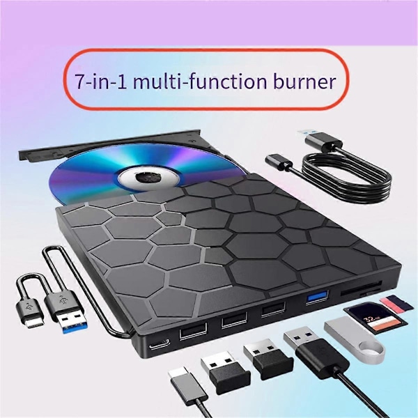 Extern DVD RW-enhet USB 3.0 Typ C 7-i-1 Gränssnitt Slim DVD CD-brännare Läsare Spelare Optisk Enhet för Laptop PC