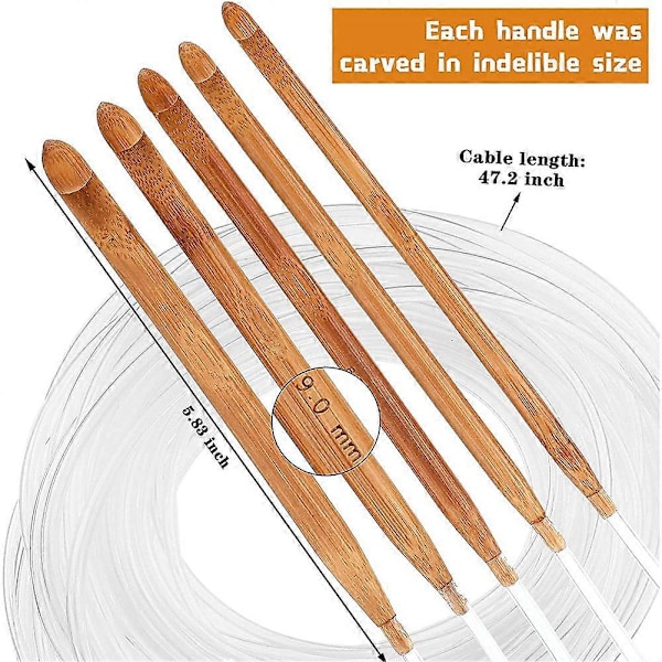 23 Delar Tunisiska Virknålar Set 3-10 mm Kabel Bambu Sticknål med Pärla Karboniserad Bambunål Virknål 2-8mm