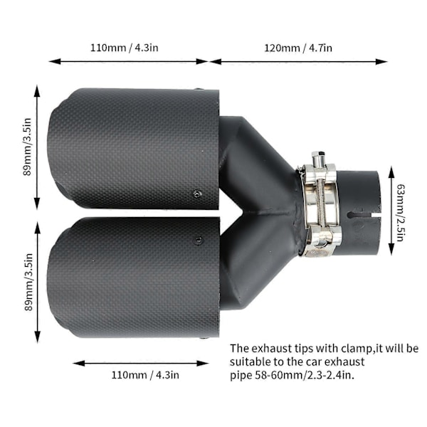 Mat Sort Kulfiber Dobbelt Udstødningsrør Universal Udstødningsender til 58mm?60mm
