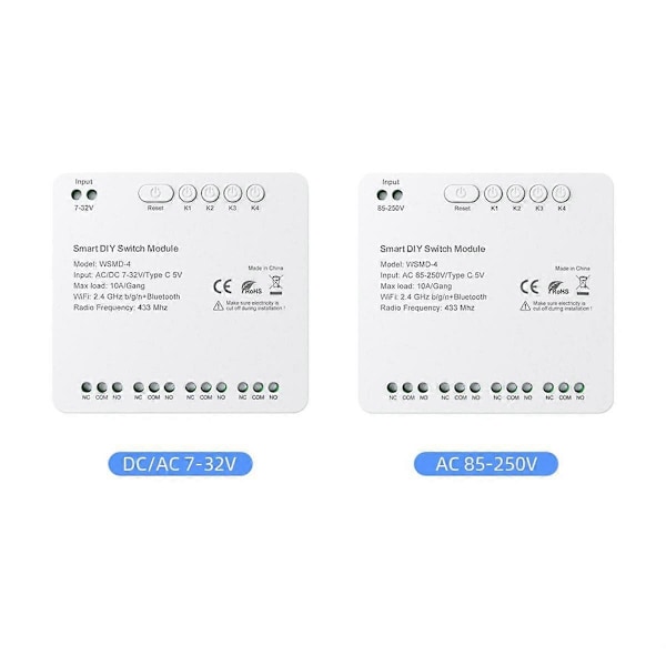 Tuya WiFi 4-kanals brytermodul, 85-250V RF 433 fjernkontrollrelé DIY-modul, med Alexa, Home