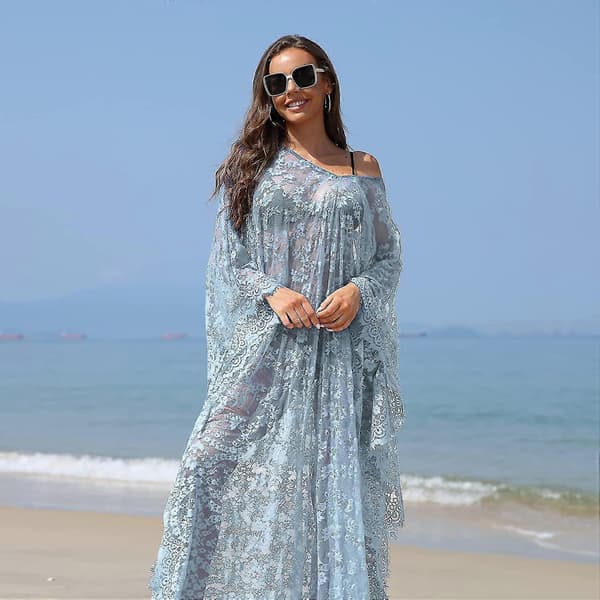 Strandklänning Boho Spets Kimono Plus Size Bikini Morgonrock Baddräkt för Kvinnor Enfärgad Mint Blue