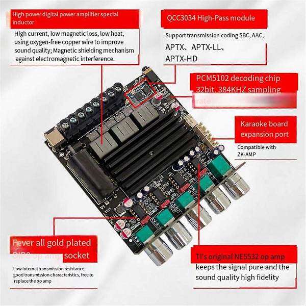 -APTX1 Bluetooth Digital Forstærker 2.1 Kanal Qualcomm BT Forstærkerkort 100W+100W+200W Bas Forstærker QCC3034+TPA3221 C