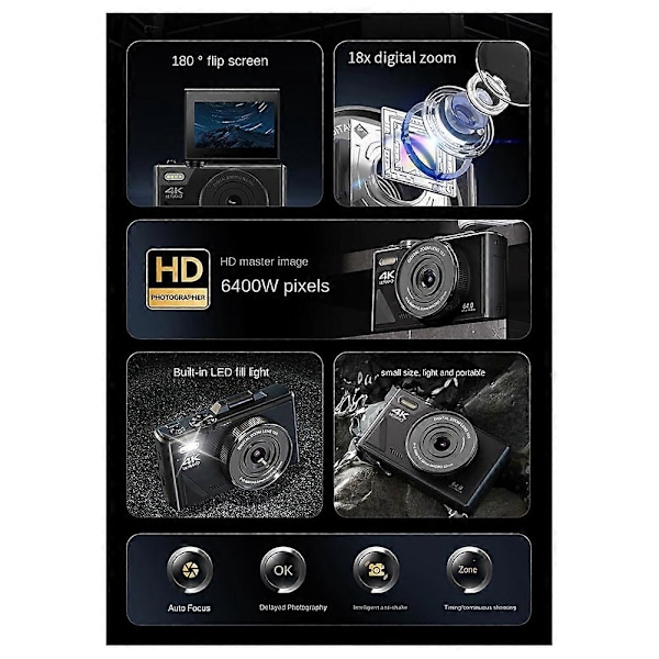 64MP Digitalkamera för Fotografering 4K Video Vlog Videokamera 18X Digital Zoom Kamera 180 Vridbar Skärm Svart