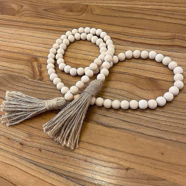 Bondgårds Pärlor 140cm Trä Pärlkrans med Tofsar Rustik Lantlig Inredning Böne Boho Pärlor Stor Vägg Hängande Deco-Bra