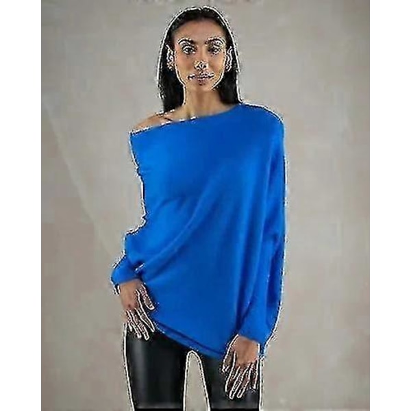 Asymmetrisk draperad tröja, en tröja lika mjuk som molnen, dam långärmad slapp batwing enfärgad mjuk stickad tröja blue