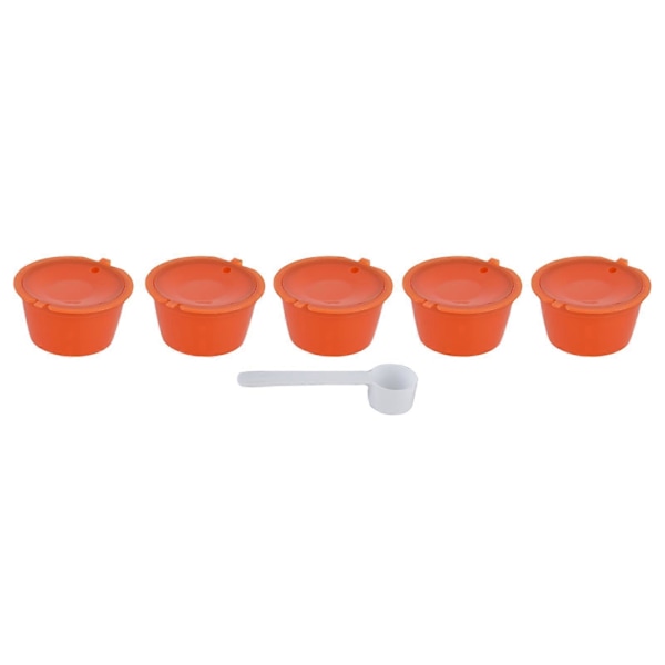 5 stk. 50 ml Kaffekapsel Gjenbrukbar Kaffefilterkopp med Skje for DOLCE GUSTO Kaffemaskin, Oransje