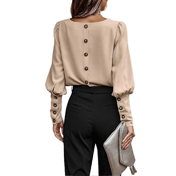 Langermet skjorte for kvinner Rund hals Ensfarget Lett Tunika Topper Bluse XL
