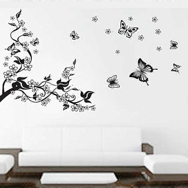 Svart Blommig Fjäril Blomma DIY Vinranka Väggdekor Konst Mural Rum Dekal Qinhai