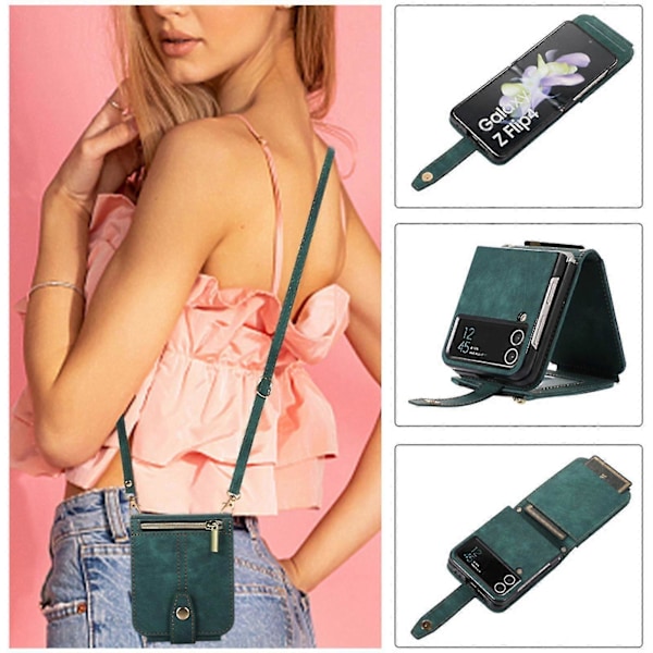 Nahkakotelo Yhteensopiva Samsung Galaxy Z Flip 4:n kanssa, jossa korttipaikka ja crossbody-kaulanauha, puhelinlaukku ja puhelinlompakko Green