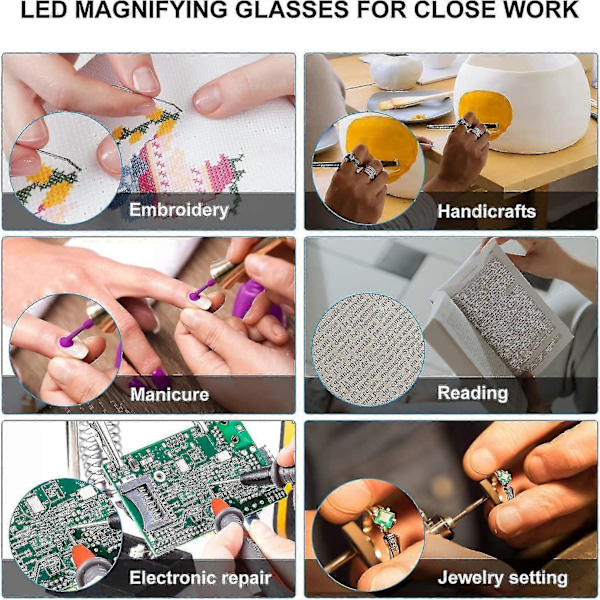 180% Forstørrelsesbriller med Oppladbart LED-lys - Kraftige Forstørrelsesbriller - Håndfrie Briller for Nærarbeid, Håndverk, Juvelerer, Lesing, Hobby