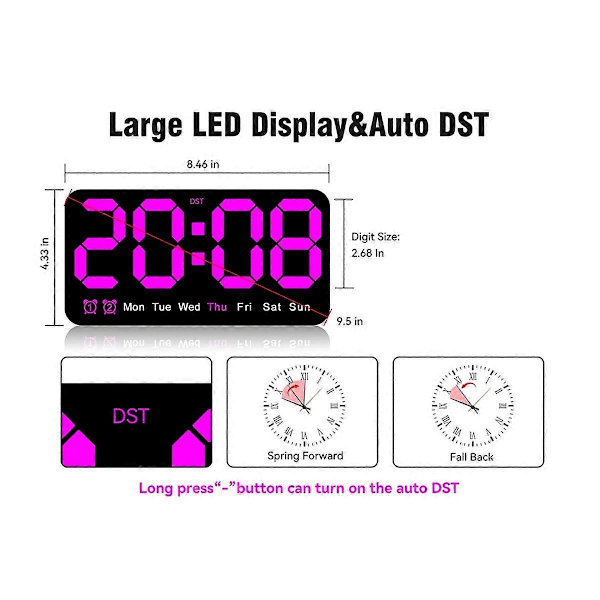 Stor Digital Väggklocka, 24 cm, LED Väckarklocka med Stora Siffror, för Vardagsrum Sovrum Klassrumsinredning Lila