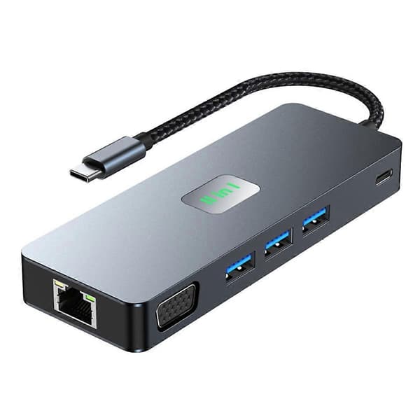 11 i 1 USB Hub3.2 Dokkingstasjon Type-C HD+DP+VGA Tre-Skjerm Differensiell Display Multi-Skjerm Dokkingstasjon