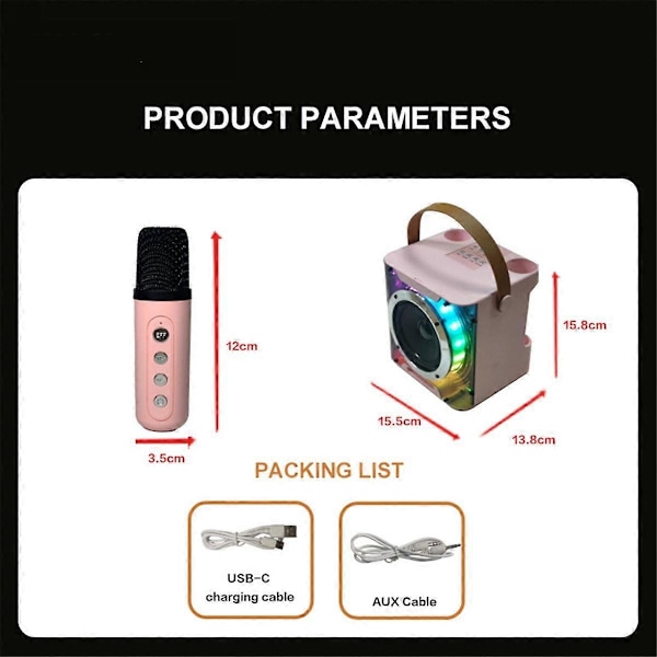 Tehokas Karaoke Bluetooth -kaiutin, jossa musiikin rytmivalo, stereoäänentoisto, langaton subwoofer ja kaksi mikrofonia, vaaleanpunainen