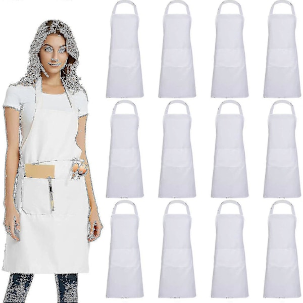 12-pack Enfärgade Haklappsförkläden Med 2 Fickor - Svarta Unisex Kommersiella Förkläden i Bulk White