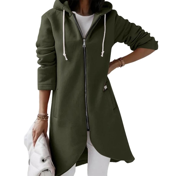 Kvinnors Oregelbunden Hel Dragkedja Lång Rock Casual Utomhus Höst Långärmad Huvad Jacka Green M