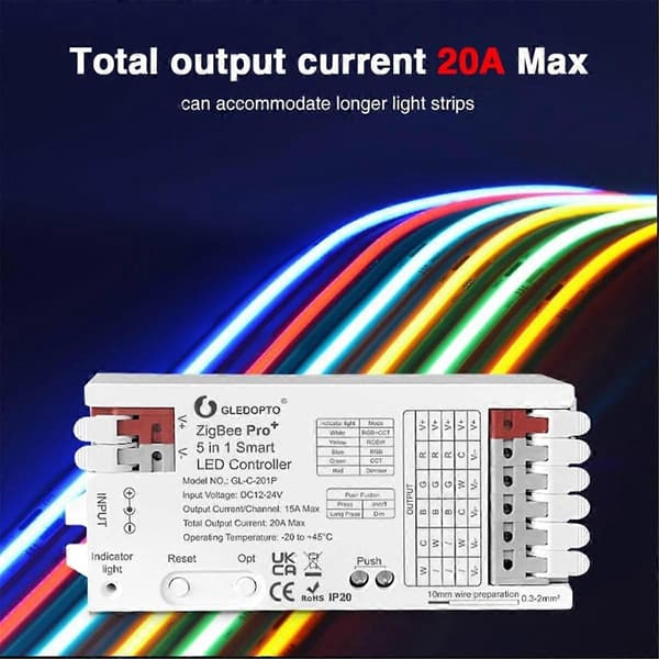 ZigBee 3.0 LED Controller 5In1 Lysdæmper 12V 24V 20A RGB/RGBW/RGBCCT/CCT LED Strip Lys Alexa Tuya Smart APP