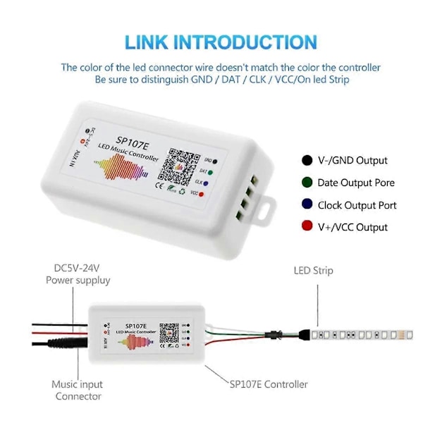 SP107E DC5-24V LED-musiikkiohjain langattomalla Bluetooth-yhteensopivalla SPI-täysvärimusiikin ohjauksella puhelinsovelluksella