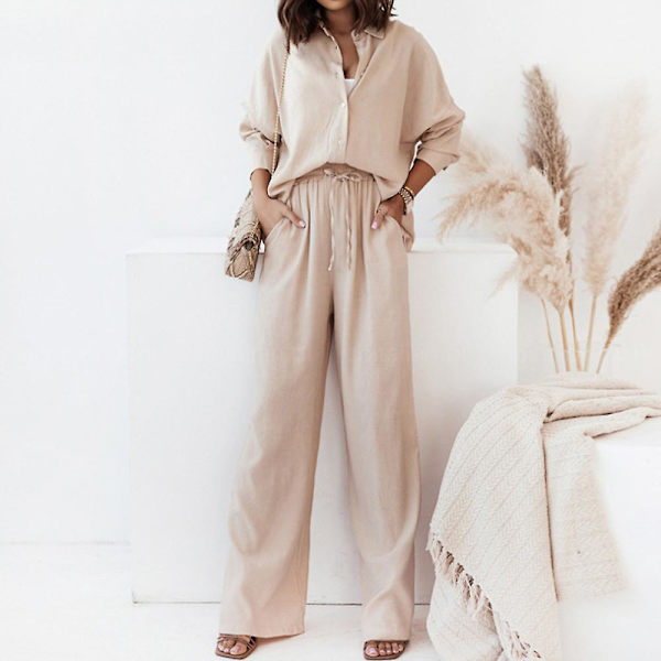 Lös Dam Enfärgad Outfit Skjorta Toppar + Elastisk Hög Midja Vida Ben Byxor Set Lös Vardaglig Arbete Lounge Kläder Apricot 2XL