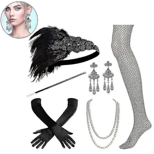 1920-tals Tillbehör Set Flapper Pannband, örhängen, pärlhalsband, handskar Style 1