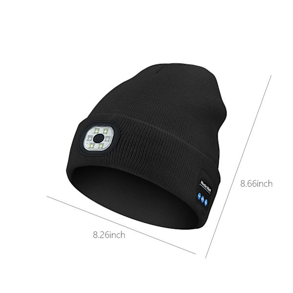 Bluetooth Mössa med Lampa, Unisex USB Uppladdningsbar 6 LED Pannlampa Mössa med Trådlösa Hörlurar Black