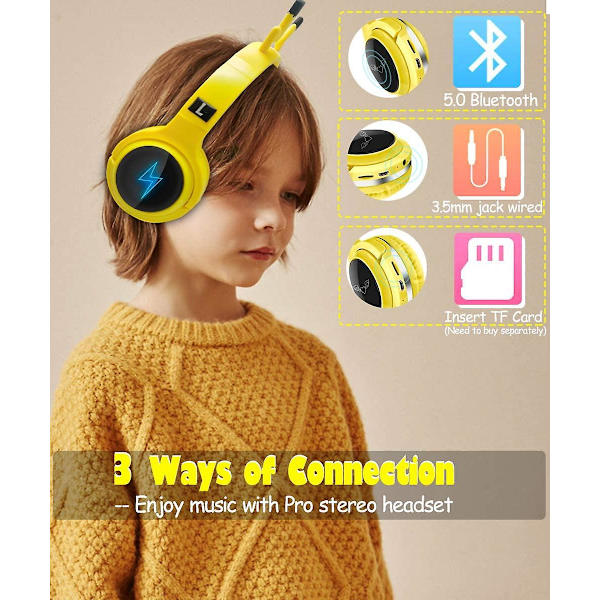Barnhörlurar Gamingheadset med mikrofon, LED-ljus, hopfällbart stereo $ Barnhörlurar Bluetooth Stereoheadset med mikrofon Hopfällbart $ Barn Ste Pikachu yellow