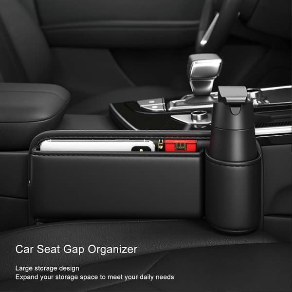 Bilsete Gap Organizer PU Lær Front Multifunksjonell Setekonsoll Side Oppbevaringsboks Lomme Gap Filler med Høyre Koppholder