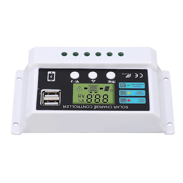 Solar Controller Industriel Chip LCD Display Overbelastningsbeskyttelse Solar Regulator 12V 24V Selvtillpassende Hvid 20A