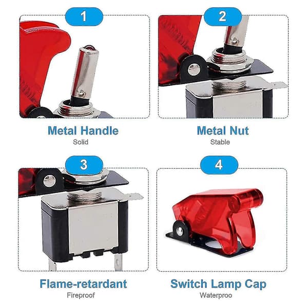4 stk. vippebryter 12V 20A Rocker Switch Rød LED-lys bryter, 2-pinners rocker