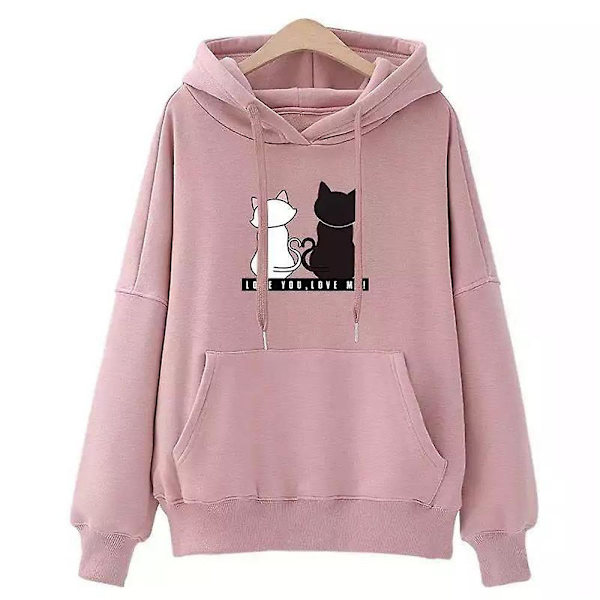 Dam Långärmad Tröja med Kattryck Ledig Lös Dragsko Huvtröjor Pullover Toppar Pink M