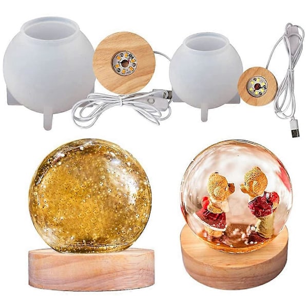 4 STK Kugle Lys Resin Form LED Resin Silikone Form med Træ Lysende Base Rund Krystal Lampe Kunst Silikone Form
