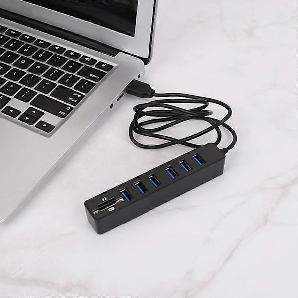 USB-keskitin pitkällä kaapelilla, 6 porttia, suuri laajennus, Plug and Play, Hot Swappable -tiedonsiirto, ABS-kortinlukija, SD/TF-datakeskitin kannettavalle tietokoneelle