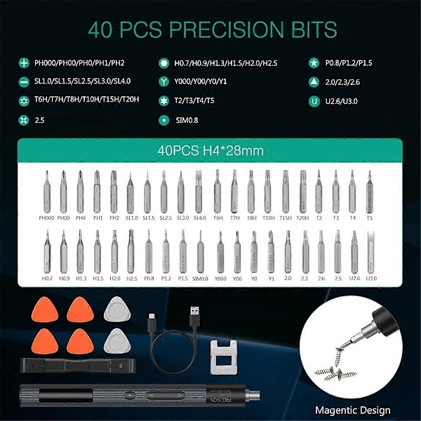 50 i 1 Precision Elektrisk Skruvmejselset med 3-Hastighets Justerbar Magnetisk Vridmoment - Torx Bits, 50 i 1