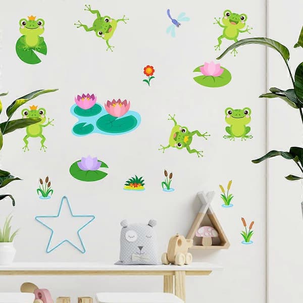 Väggdekaler med groda och lotusblomma för sovrum, vardagsrum och TV-vägg